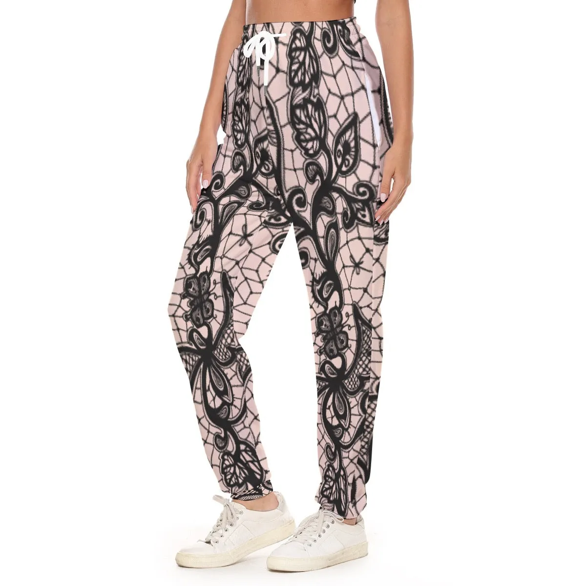All-Over Print Women's Casual Pants 231 pink and black lace print