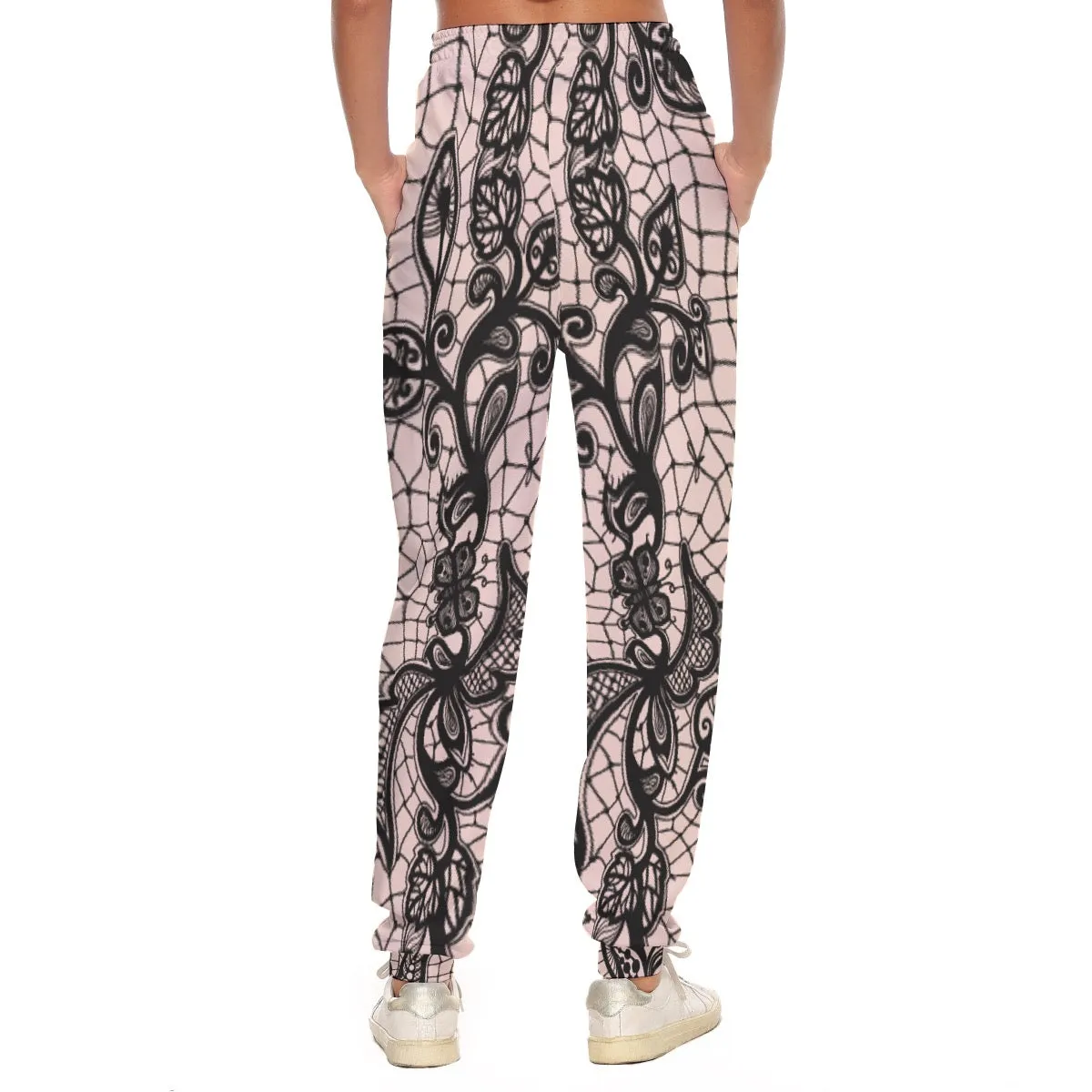 All-Over Print Women's Casual Pants 231 pink and black lace print