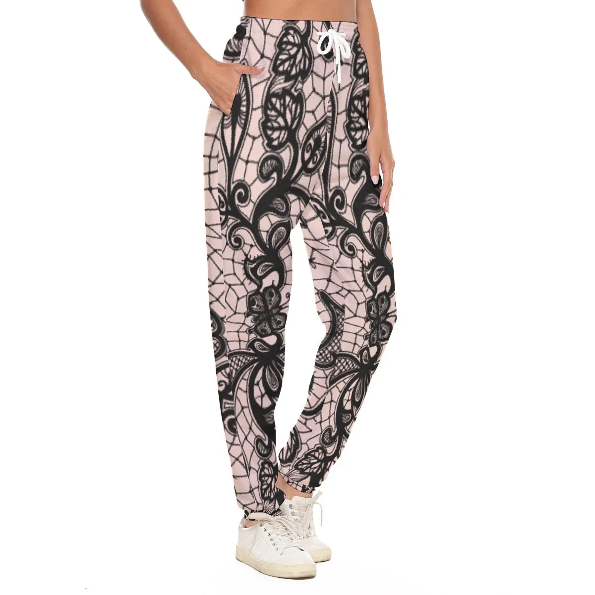 All-Over Print Women's Casual Pants 231 pink and black lace print