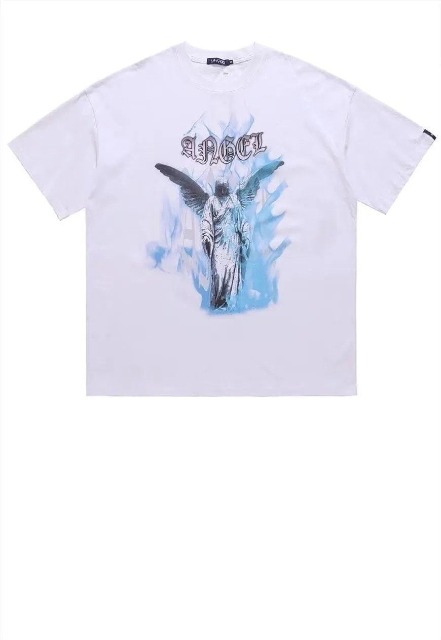 Angel print t-shirt retro flame top Gothic tee in black