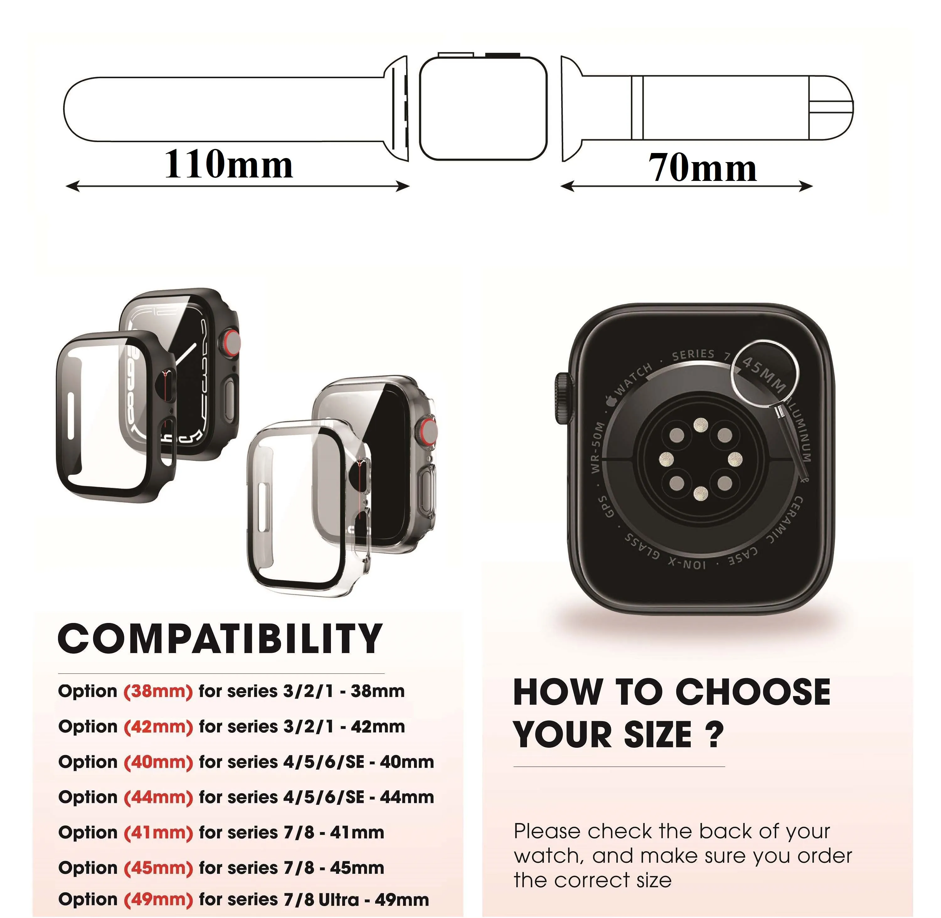 Black Flat Ostrich Leather Band Compatible Apple Watch Iwatch 45mm Screen Protector Case Elegant Vintage Replacement Strap For Smartwatch Series 7 8 Leather Handmade AW-181B-W-45MM