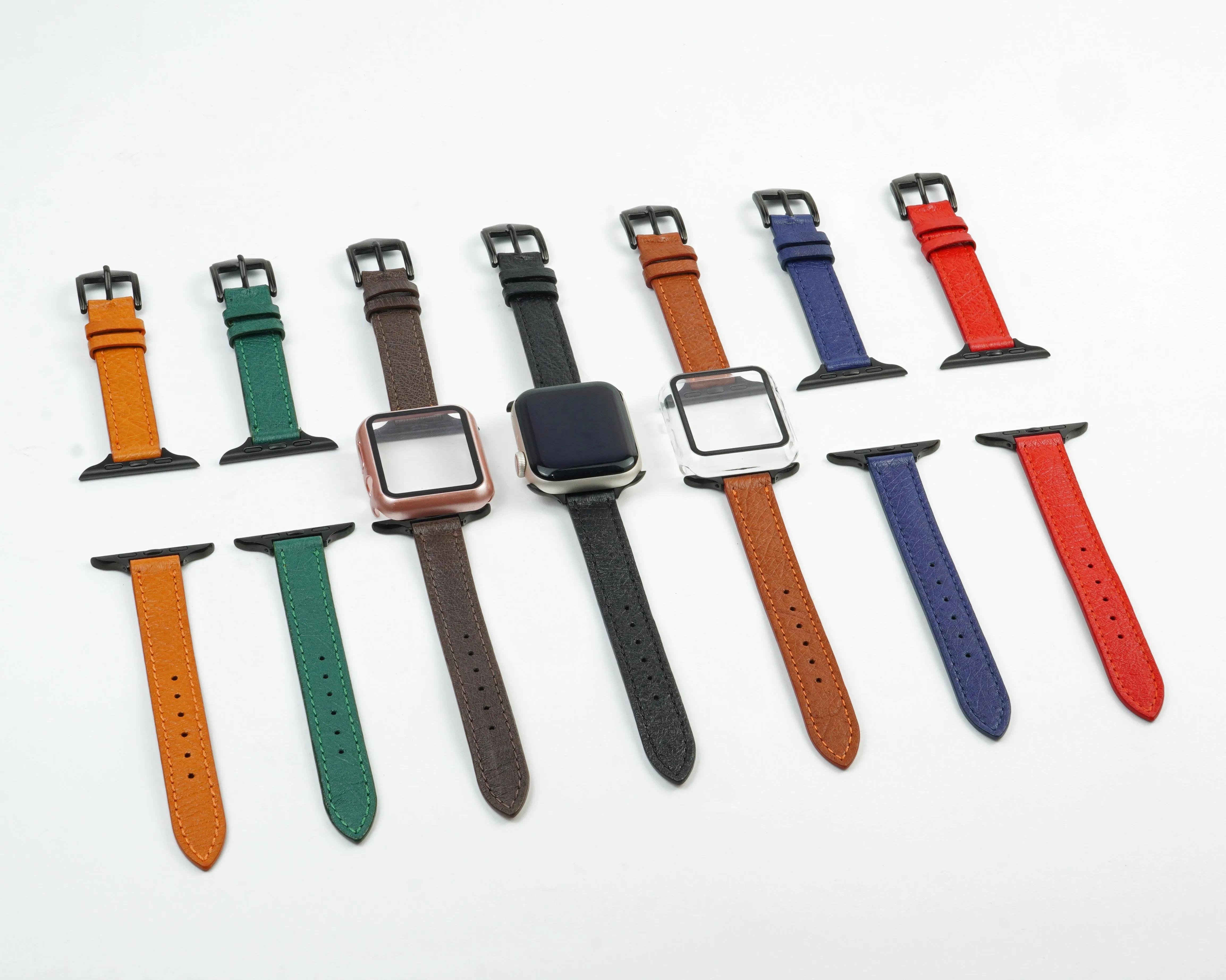 Black Flat Ostrich Leather Band Compatible Apple Watch Iwatch 45mm Screen Protector Case Elegant Vintage Replacement Strap For Smartwatch Series 7 8 Leather Handmade AW-181B-W-45MM