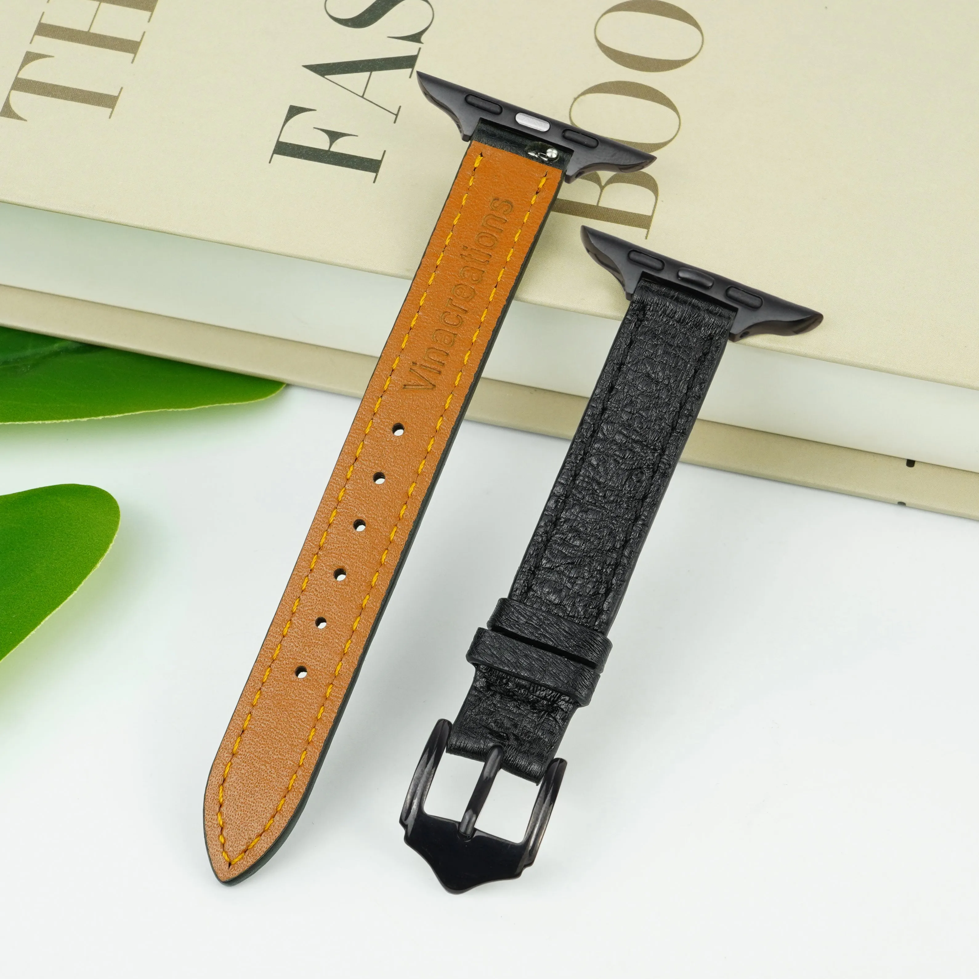 Black Flat Ostrich Leather Band Compatible Apple Watch Iwatch 45mm Screen Protector Case Elegant Vintage Replacement Strap For Smartwatch Series 7 8 Leather Handmade AW-181B-W-45MM