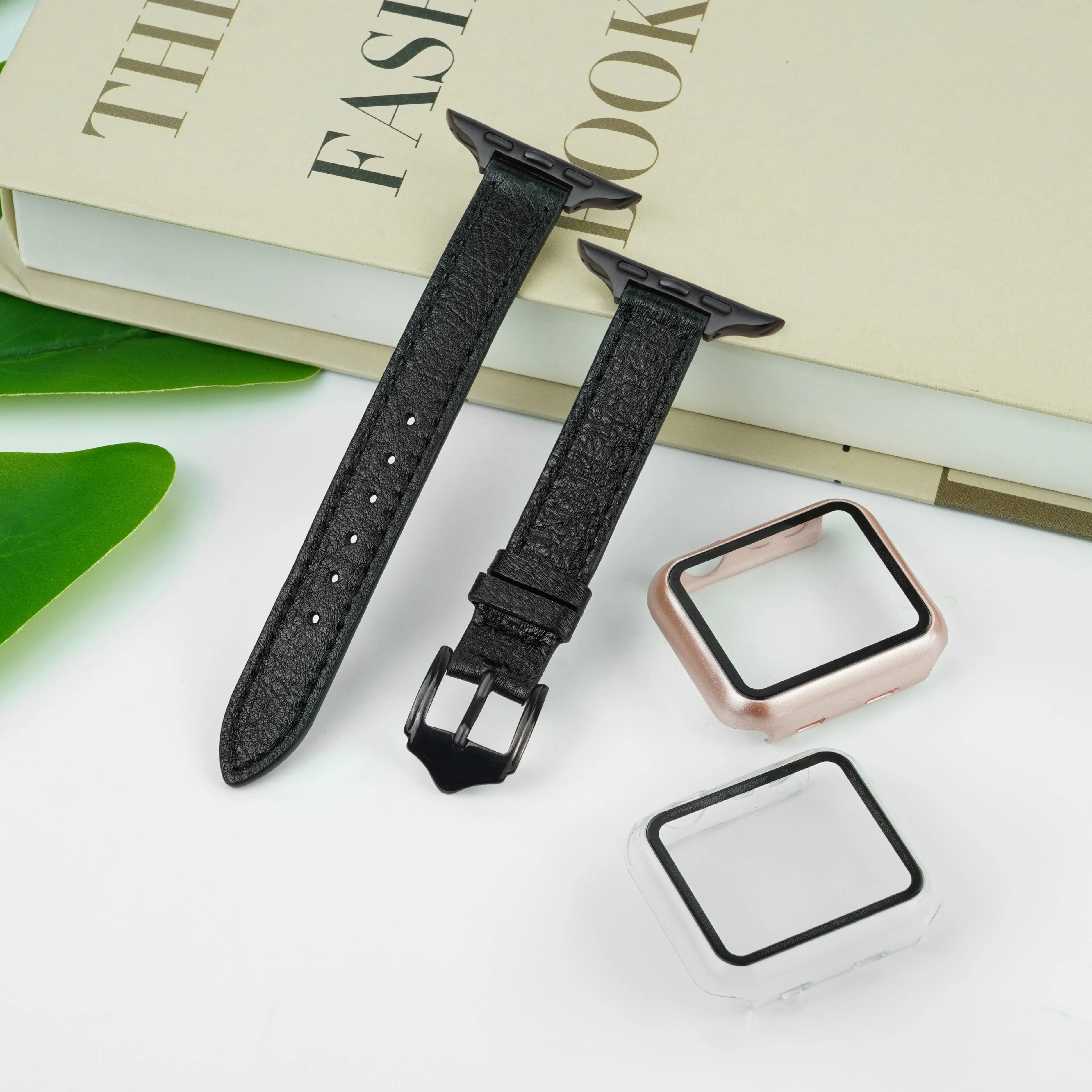 Black Flat Ostrich Leather Band Compatible Apple Watch Iwatch 45mm Screen Protector Case Elegant Vintage Replacement Strap For Smartwatch Series 7 8 Leather Handmade AW-181B-W-45MM