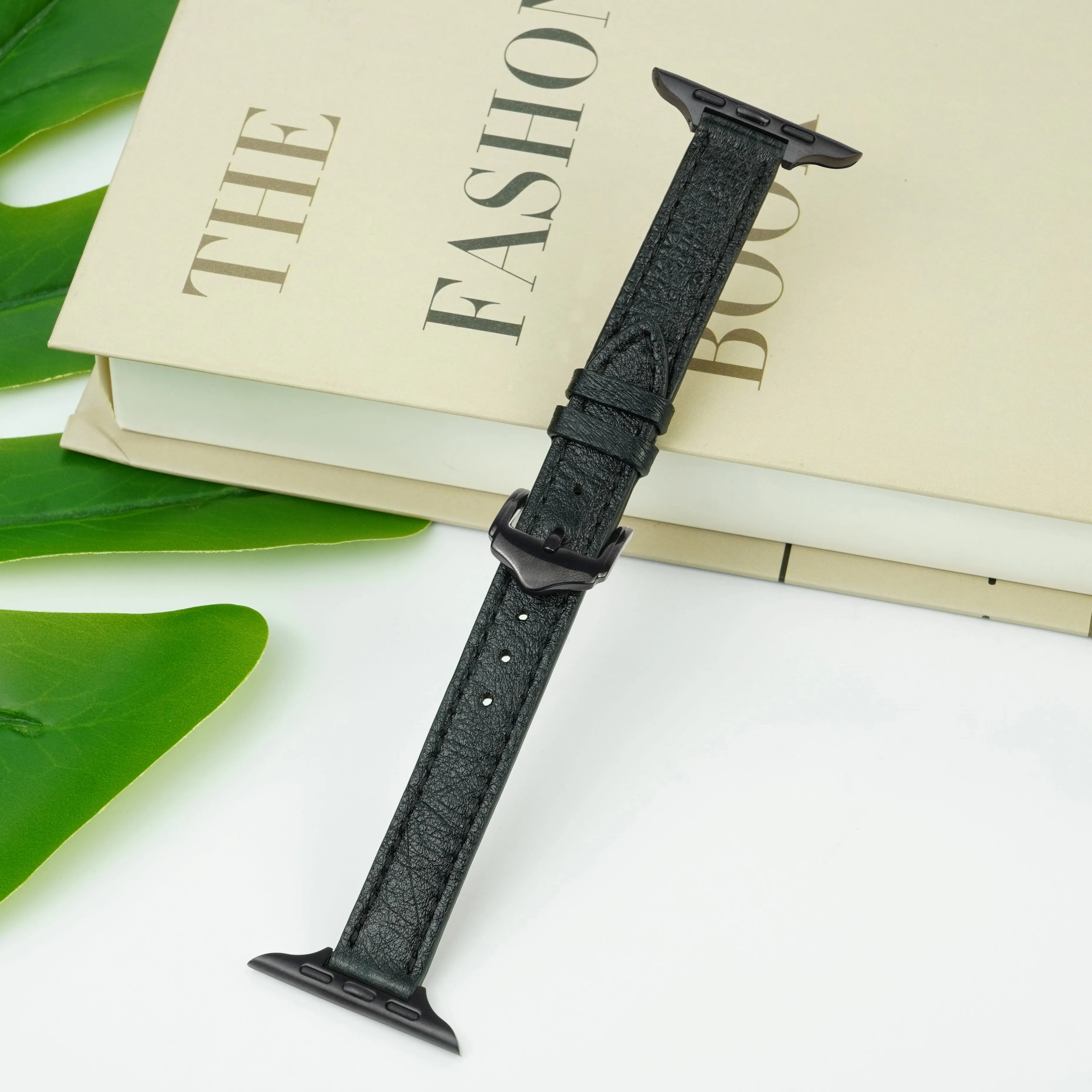 Black Flat Ostrich Leather Band Compatible Apple Watch Iwatch 45mm Screen Protector Case Elegant Vintage Replacement Strap For Smartwatch Series 7 8 Leather Handmade AW-181B-W-45MM