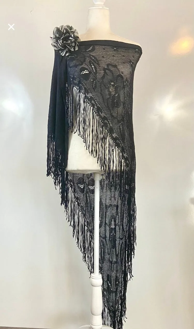 Black Lace triangle Scarf with flower accessories