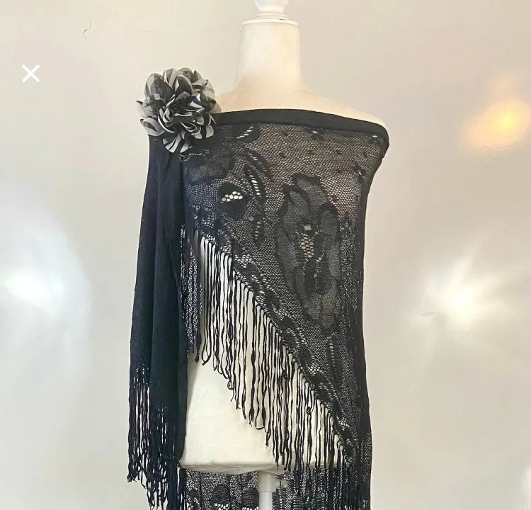 Black Lace triangle Scarf with flower accessories