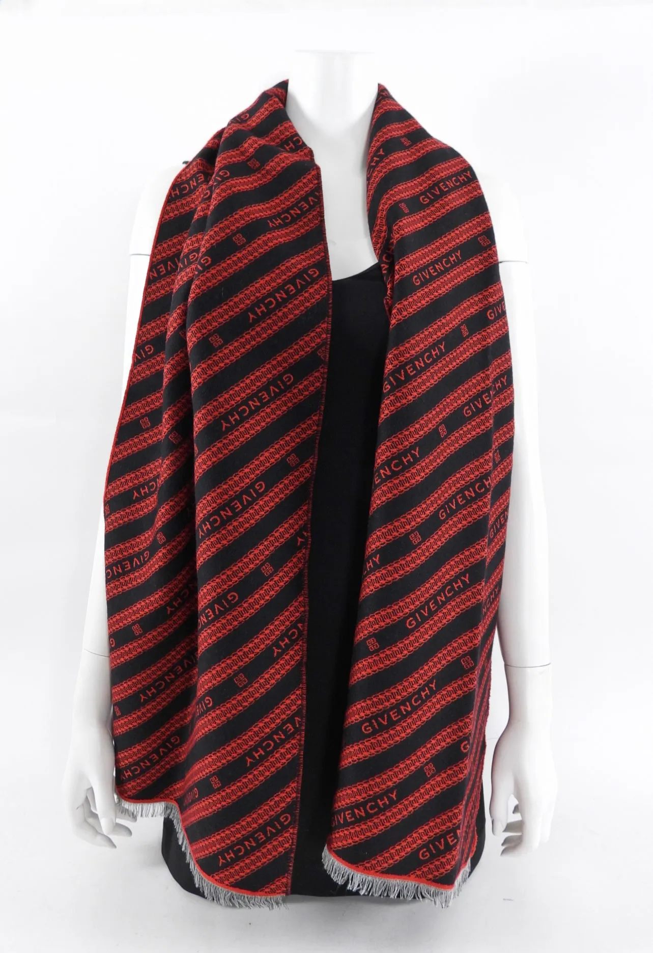 Givenchy Red and Black Logo Stripe Scarf