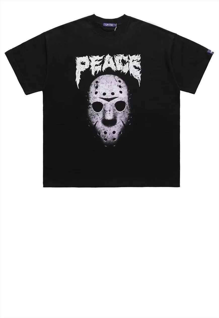 Mask print t-shirt old horror movie tee grunge top in grey